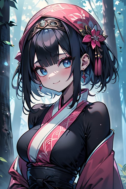 dark blue hair, blue eyes, pink kimono outfit with black edges, friendly face, a black spandex that covers his entire body, headscarf, killer, happy smile, bangs, in the forest at night, masterpiece, detailed, high quality, absurd, the strongest human of all, bringer of the world's hope, short hair, black lycra, masterpiece, excellent quality, excellent quality, perfect face, medium breasts

