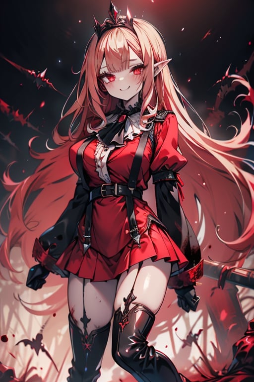 an arrogant woman, blonde, cold-blooded murderer, the final enemy of this world, medium breasts, pointed ears, vampire, eyes red like blood, smiling mischievously, red bowtie scarf, red suit with skirt with black borders, black crosses on his forehead, very pale skin, high_resolution, best quality, extremely detailed, HD, 8K, 1 girl, solo, sexy_figure, hot, 170 cm, tall_girl, LONG HAIR, DIAMOND THROAT, BLACK ASCOT, SEPARATED NECK, CENTER Ruffles, RED DRESS, RED SEPARATED SLEEVES, RED BELT, SKIRT WHITE, RED THIGH BOOTS, RED SUSPENDERS.TIARA,She represents death, the false goddess of putrefaction.

,Baobhan