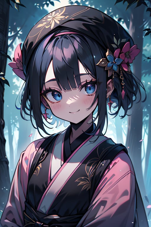 dark blue hair, blue eyes, pink kimono outfit with black edges, friendly face, a black spandex that covers his entire body, headscarf, killer, happy smile, bangs, in the forest at night, masterpiece, detailed, high quality, absurd, the strongest human of all, bringer of the world's hope, short hair, black lycra, masterpiece, excellent quality, excellent quality, perfect face.
