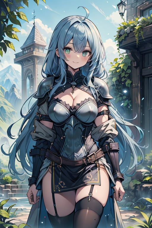 Woman with light blue hair, big, tall, the strongest warrior in the world, plate armor, cold jacket, pantyhouse, bracers, chest, green eyes, friendly, free spirit, religious, valley of plants, no bangs, long hair , charming smile, a wonderful person.
