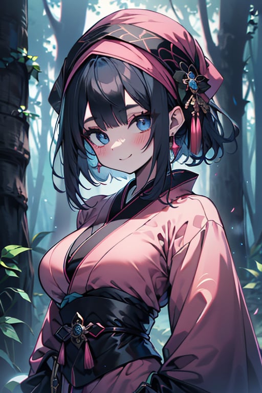 dark blue hair, blue eyes, pink kimono outfit with black edges, friendly face, a black spandex that covers his entire body, headscarf, killer, happy smile, bangs, in the forest at night, masterpiece, detailed, high quality, absurd, the strongest human of all, bringer of the world's hope, short hair, black lycra, masterpiece, excellent quality, excellent quality, perfect face, medium breasts

