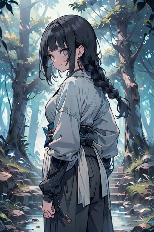 kind woman, black hair, medium hair, hair in braid down to her back, a single braid, dirty clothes, warrior, beast tamer, the killer of gods, black eyes, old clothes, alone, forest, kind smile, innocent, breasts small, tall woman, amazon, samurai, gray kimono jacket ideal for combat, wide pants, happy, friendly, good person,  masterpiece, good quality, swords well positioned at her waist, good hands, aquamarine belt.


,hinata(boruto)