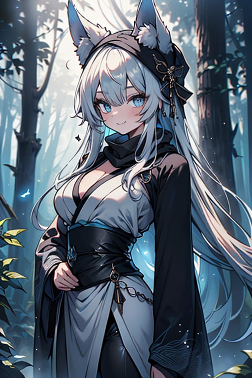white blue hair, blue eyes, blue kimono suit with black edges, friendly face, a black spandex that covers his entire body, headscarf, killer, happy smile, bangs, in the forest at night, masterpiece, detailed, high quality, absurd, the strongest human of all, bringer of the world's hope, long hair, black lycra, masterpiece, excellent quality, excellent quality, perfect face, medium breasts, black scarf, kitsune ears.

