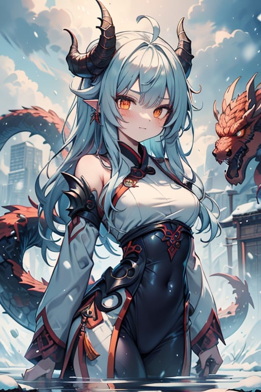 dragon woman, wingless, long hair, friendly face, orange martial arts master suit, very light blue hair, dragon horns with orange tips, dragon tail, orange eyes, dragon horns, small breasts, beautiful, the woman who reflects the cold, the winter lady, tail attached to the body, the monster of order, masterpiece, very good quality, excellent quality, the strongest woman in the west, perfect face, master of divinity costume, master of combat, wise, traditional orange hanfu.

