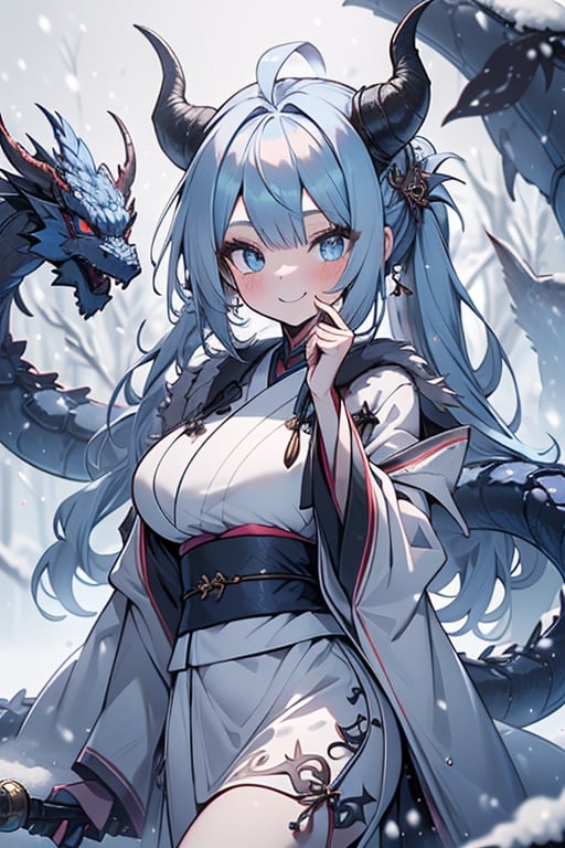 light blue hair, blue eyes, dragon horns, sorceress, magician's tunic, snow coat, smiling, mischievous, capricious, spoiled, pampered, white kimono, gadget sorceress, long hair up, long white skirt, good quality , masterpiece, excellent quality, perfect face, dragon tail.
