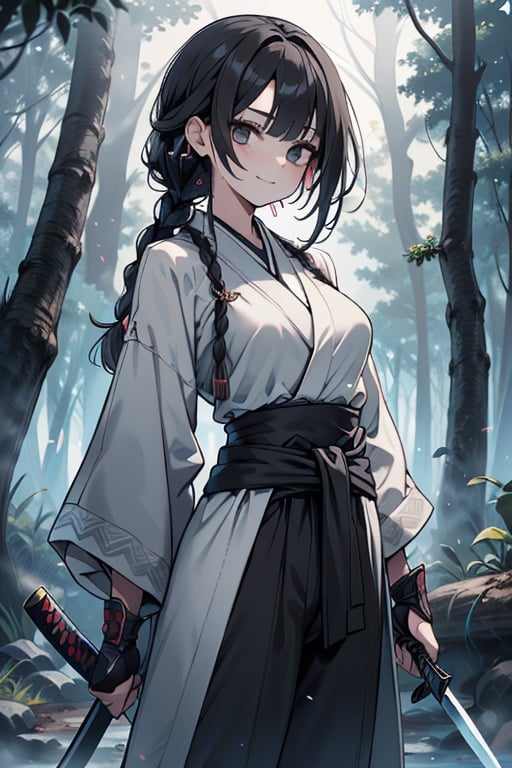 kind woman, black hair, medium hair, hair in braid down to her back, a single braid, dirty clothes, warrior, beast tamer, the killer of gods, black eyes, old clothes, alone, forest, kind smile, innocent, breasts small, tall woman, amazon, samurai, gray kimono jacket ideal for combat, wide pants, happy, friendly, good person, katanas sheathed at her waist, masterpiece, good quality, swords well positioned at her waist, good hands.



