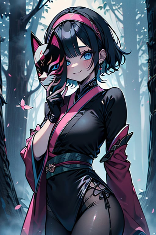 dark blue hair, blue eyes, pink kimono outfit with black edges, friendly face, a black spandex that covers his entire body, headscarf, killer, happy smile, bangs, in the forest at night, masterpiece, detailed, high quality, absurd, the strongest human of all, bringer of the world's hope, short hair, black lycra, black pantyhouse, masterpiece, excellent quality, excellent quality, perfect face, medium breasts,mask on hand, (fox mask, mask on the hand, put on mask)
