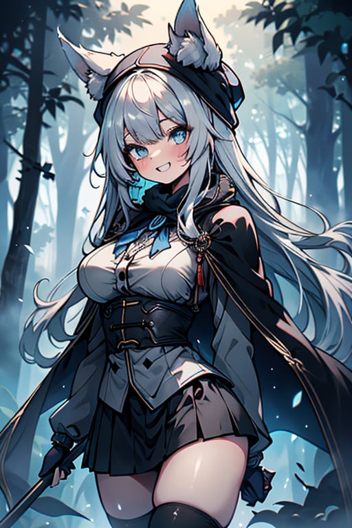 white blue hair, blue eyes, vintage style cape, friendly face, skirt, headscarf, killer, happy smile, blows, in the forest at night, masterpiece, detailed, high quality, absurd, the most human force of all , bearer of the hope of the world, long hair, black stockings, masterpiece, excellent quality, perfect face, medium breasts, kitsune ears, kitsune tail, French hat.

