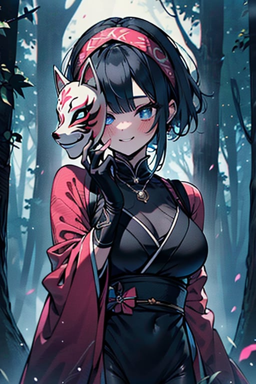 dark blue hair, blue eyes, pink kimono outfit with black edges, friendly face, a black spandex that covers his entire body, headscarf, killer, happy smile, bangs, in the forest at night, masterpiece, detailed, high quality, absurd, the strongest human of all, bringer of the world's hope, short hair, black lycra, black pantyhouse, masterpiece, excellent quality, excellent quality, perfect face, medium breasts,mask on hand, (fox mask, mask on the hand, put on mask)
