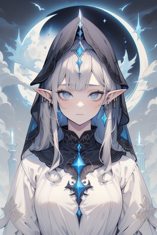 gray hair with blue tones, black witch clothes, moon earrings, gray eyes, dark circles, sleepy, dream witch, pointy ears, elf,  medium hair., veil.