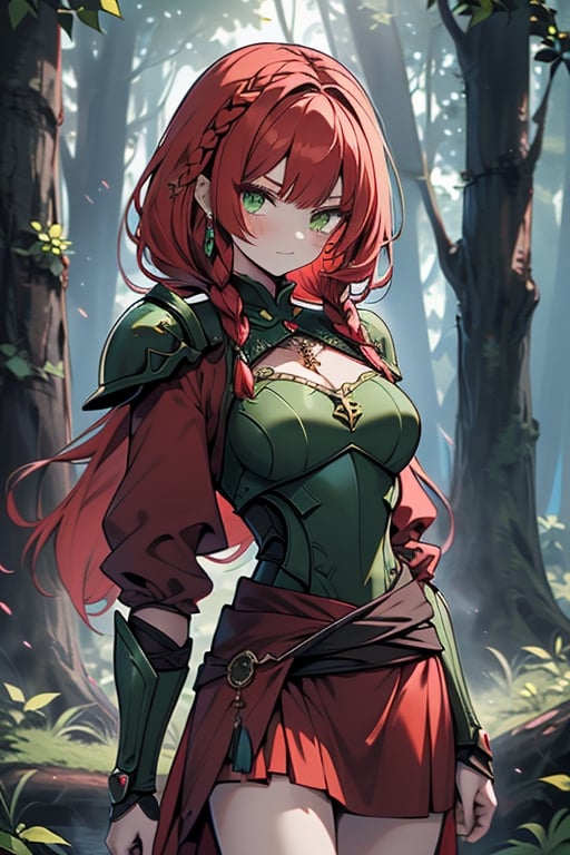 noble woman, princess, red hair, long braid, green armor covering her body, forest, medium chest, warrior, druid, green eyes, red dress, medium combat skirt, good quality, masterpiece, hight.
