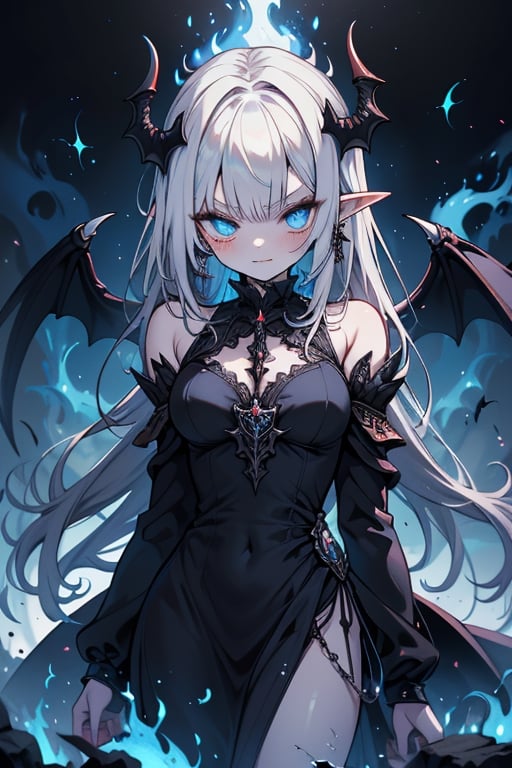 white hair, deep blue eyes, aura of dark power, the most powerful being in the world, the most powerful vampire on earth, queen of darkness, lost look, pointed ears, black dress with blue borders, killer of gods, the one who I finished with Lucifer, incarnation of the dragon gods, masterpiece, very good quality, excellent quality, perfect face,small breasts, serious and arrogant face, quiet, kuudere, eyes with blue flames, looking down, as if she were on top of the world.
