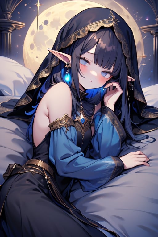 dark hair with blue tones, black witch clothes, moon earrings, gray eyes, dark circles, sleepy, dream witch, pointy ears, elf,  medium hair., veil, lying in bed,sleeping.