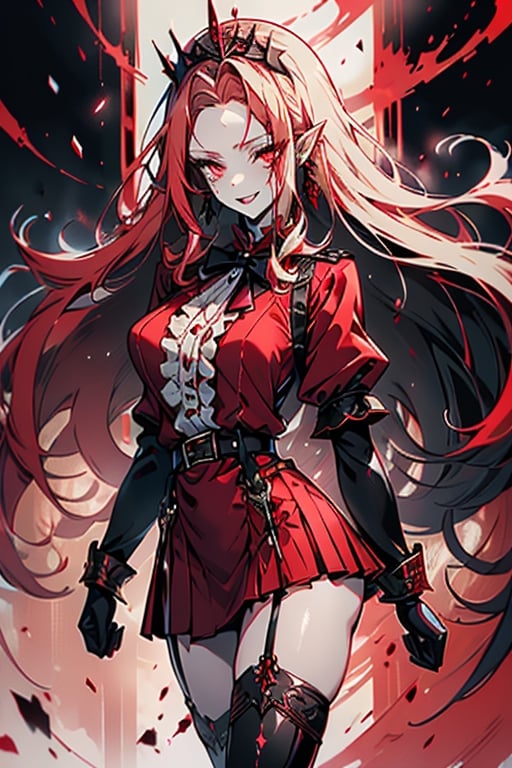 an arrogant woman, blonde, cold-blooded murderer, the final enemy of this world, medium breasts, pointed ears, vampire, eyes red like blood, smiling mischievously, red bowtie scarf, red suit with skirt with black borders, black crosses on his forehead, very pale skin, high_resolution, best quality, extremely detailed, HD, 8K, 1 girl, solo, sexy_figure, hot, 170 cm, tall_girl, LONG HAIR, DIAMOND THROAT, BLACK ASCOT, SEPARATED NECK, CENTER Ruffles, RED DRESS, RED SEPARATED SLEEVES, RED BELT, SKIRT WHITE, RED THIGH BOOTS, RED SUSPENDERS.TIARA,She represents death, the false goddess of putrefaction.

