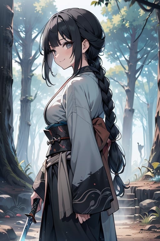 kind woman, black hair, medium hair, hair in braid down to her back, a single braid, dirty clothes, warrior, beast tamer, the killer of gods, black eyes, old clothes, alone, forest, kind smile, innocent, breasts small, tall woman, amazon, samurai, gray kimono jacket ideal for combat, wide pants, happy, friendly, good person,  masterpiece, good quality, swords well positioned at her waist, good hands, aquamarine belt.


