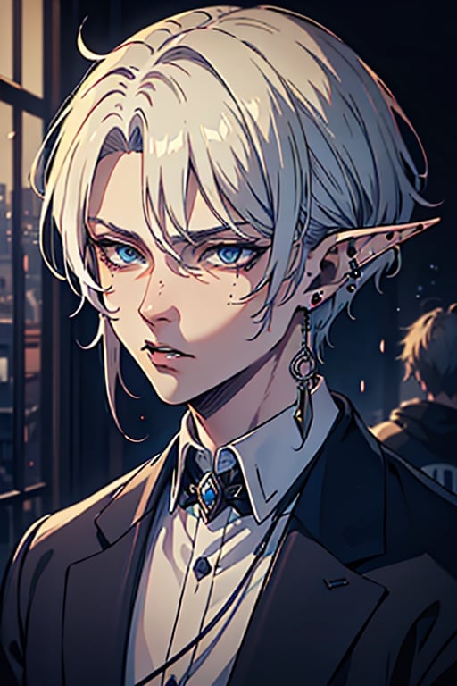 man, white hair, thief clothes, a siscon, arrogant, silly, serious, masterpiece, high quality, 4k, very good resolution,Fade cut for men, blue eyes,Elf's ears,poor,nose piercing, mouth piercing, ear piercing,delinquent, thug.