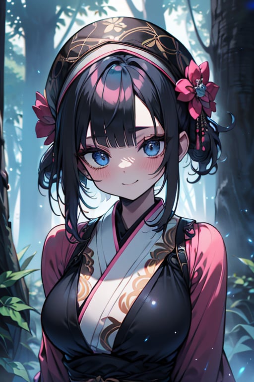 dark blue hair, blue eyes, pink kimono outfit with black edges, friendly face, a black spandex that covers his entire body, headscarf, killer, happy smile, bangs, in the forest at night, masterpiece, detailed, high quality, absurd, the strongest human of all, bringer of the world's hope, short hair, black lycra, masterpiece, excellent quality, excellent quality, perfect face, medium breasts

