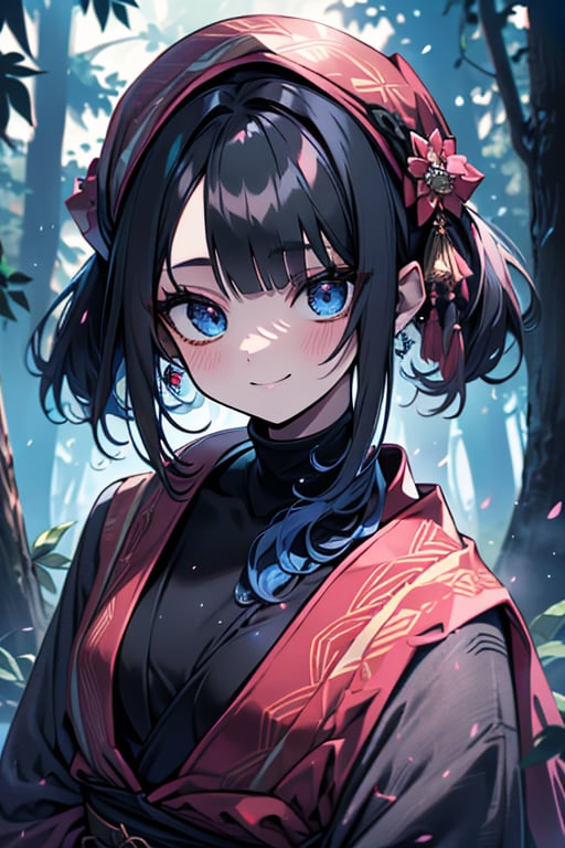 dark blue hair, blue eyes, pink kimono outfit with black edges, friendly face, a black spandex that covers his entire body, headscarf, killer, happy smile, bangs, in the forest at night, masterpiece, detailed, high quality, absurd, the strongest human of all, bringer of the world's hope, short hair, black lycra, masterpiece, excellent quality, excellent quality, perfect face.
