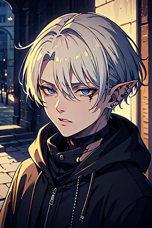 man, white hair, thief clothes, a siscon, arrogant, silly, serious, masterpiece, high quality, 4k, very good resolution,Fade cut for men, blue eyes,Elf's ears,poor,nose piercing, mouth piercing, ear piercing,delinquent, thug,torn black jacket, murderer's clothes, inelegant and dirty clothes, medieval thief clothing
