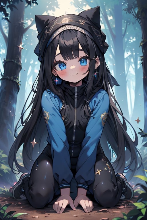 black hair, blue eyes, full body lycra clothing, friendly face, headscarf, little girl, happy smile, in the forest at night, masterpiece, star earrings, detailed, high quality, absurd, strongest human being of all, bearer of the hope of the world, long hair, perfect face, 8 year old girl, best quality, fat, obese.
