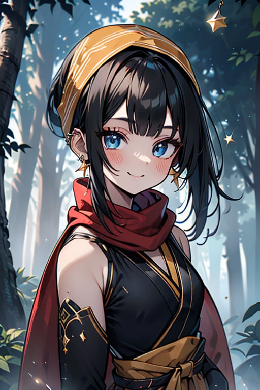 black hair, blue eyes, yellow Kimono
 outfit with black edges, a red scarf with gold stripes, the edges have small golden touches, friendly face, a black spandex that covers her entire body, headscarf, killer, happy smile , bangs, in the forest at night, masterpiece, star earrings, detailed, high quality, absurd, the strongest human of all, bringer of the world's hope, hair in ponytail,black lycra, masterpiece, excellent quality, excellent quality, perfect face.

