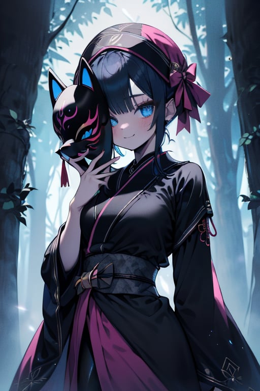 dark blue hair, blue eyes, pink kimono outfit with black edges, friendly face, a black spandex that covers his entire body, headscarf, killer, happy smile, bangs, in the forest at night, masterpiece, detailed, high quality, absurd, the strongest human of all, bringer of the world's hope, short hair, black lycra, black pantyhouse, masterpiece, excellent quality, excellent quality, perfect face, medium breasts,mask on hand, (fox mask, mask on the hand, put on mask),ribbon with bow at the waist, long kimono.

