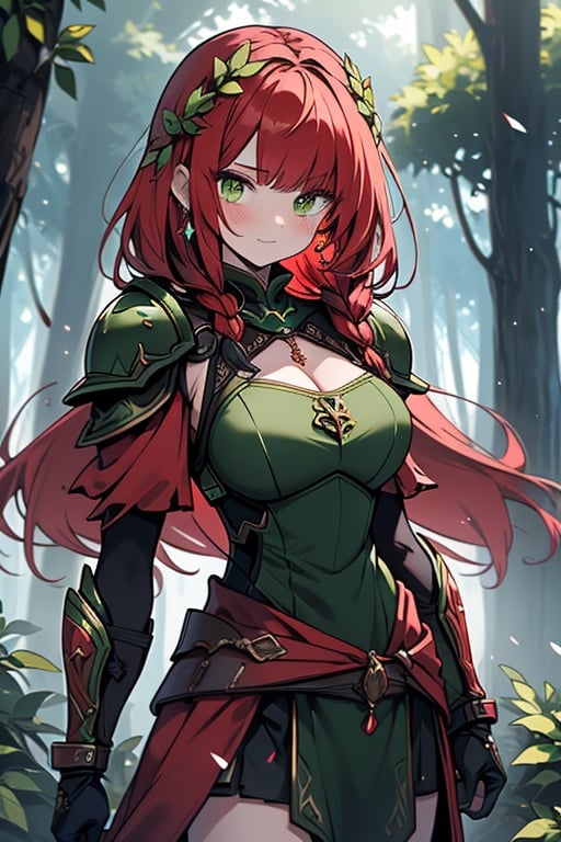 noble woman, princess, red hair, long braid, green armor covering her body, forest, medium chest, warrior, druid, green eyes, red dress, medium combat skirt, good quality, masterpiece, hight.
