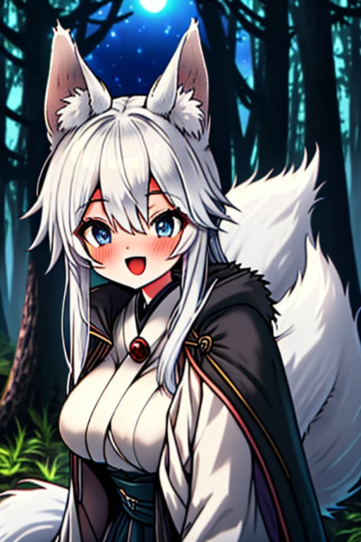 white hair, blue eyes, coat with blue vintage style cape, friendly face, skirt, killer, happy smile, blows, in the forest at night, masterpiece, detailed, high quality, absurd, long hair, black stockings, masterpiece, excellent quality, perfect face, medium breasts, kitsune ears, kitsune tail.

