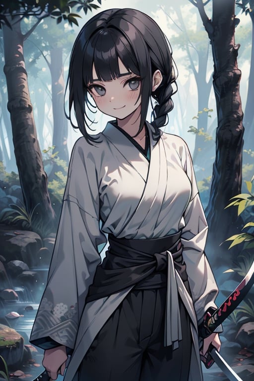 kind woman, black hair, medium hair, hair in braid down to her back, a single braid, dirty clothes, warrior, beast tamer, the killer of gods, black eyes, old clothes, alone, forest, kind smile, innocent, breasts small, tall woman, amazon, samurai, gray kimono jacket ideal for combat, wide pants, happy, friendly, good person, katanas sheathed at her waist, masterpiece, good quality, swords well positioned at her waist, good hands, aquamarine belt.



,hinata(boruto)