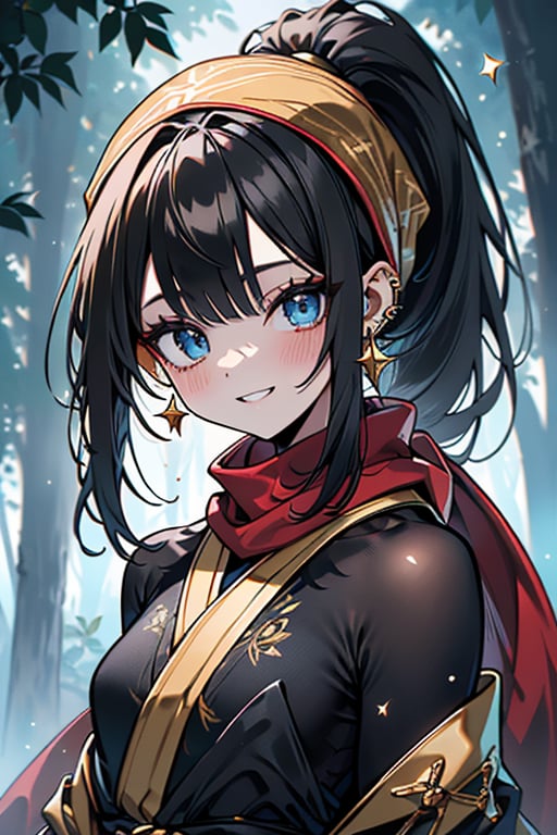 black hair, blue eyes, yellow Kimono
 outfit with black edges, a red scarf with gold stripes, the edges have small golden touches, friendly face, a black spandex that covers her entire body, headscarf, killer, happy smile , bangs, in the forest at night, masterpiece, star earrings, detailed, high quality, absurd, the strongest human of all, bringer of the world's hope, hair in ponytail,black lycra, masterpiece, excellent quality, excellent quality, perfect face.


