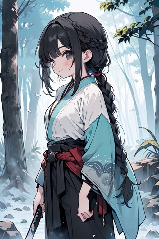 kind woman, black hair, medium hair, hair in braid down to her back, a single braid, dirty clothes, warrior, beast tamer, the killer of gods, black eyes, old clothes, alone, forest, kind smile, innocent, breasts small, tall woman, amazon, samurai, gray kimono jacket ideal for combat, wide pants, happy, friendly, good person, katanas sheathed at her waist, masterpiece, good quality, swords well positioned at her waist, good hands, aquamarine belt, teenager.
