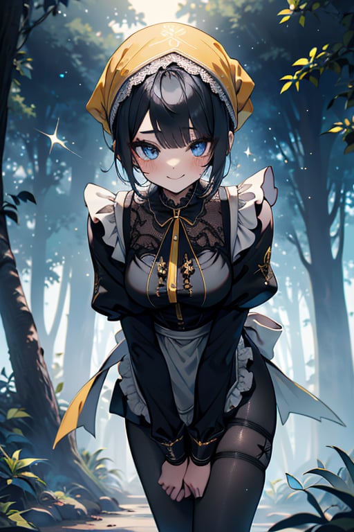 dark blue hair, blue eyes, yellow maid outfit, friendly face, a black spandex that covers her entire body, headscarf, killer, happy smile, bangs, in the forest at night, masterpiece, detailed, high quality, absurd, the strongest human of all, bearer of the world's hope, short hair, black lycra, black pantyhouse, masterpiece, excellent quality, excellent quality, perfect face, medium breasts

