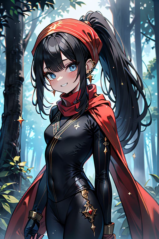 black hair, blue eyes, yellow Kimono
 outfit with black edges, a red scarf with gold stripes, the edges have small golden touches, friendly face, a black spandex that covers her entire body, headscarf, killer, happy smile , bangs, in the forest at night, masterpiece, star earrings, detailed, high quality, absurd, the strongest human of all, bringer of the world's hope, hair in ponytail,black lycra, masterpiece, excellent quality, excellent quality, perfect face.

