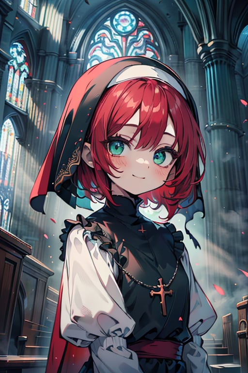 woman of extreme beauty, innocent, nun, loli, small body, green eyes, red hair, short hair, kind, bright smile, perfect face (beautiful finely detailed eyes), masterpiece, very good quality, excellent quality, church.
