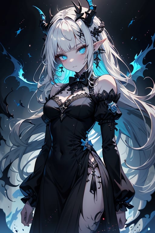 white hair, deep blue eyes, aura of dark power, the most powerful being in the world, queen of darkness, lost look, pointed ears, black dress with blue edges, killer of gods, the one who killed Lucifer, incarnation of the gods dragons, masterpiece, very good quality, excellent quality, perfect face, small breasts, serious face, dazed, calm, kuudere, eyes with blue flames, looking down, as if on top of the world, horns, fake goddess, bare shoulders, long skirt, gothic, Mullet Bangs, staring, sad expression, blue roses in her hair and her dress,emanates the power of chaos within her,black sclera,black bow tie, domino dresses from the Victorian era.
