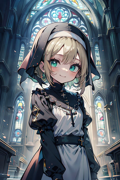 woman of extreme beauty, innocent, nun, loli, small body, green eyes, blonde hair, short hair, kind, bright smile, perfect face (beautiful finely detailed eyes), masterpiece, very good quality, excellent quality, church.
