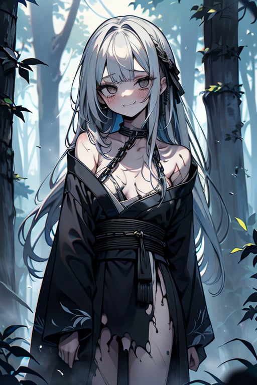 white hair, black eyes, dirty and poor black kimono, sad face, lost, sad smile, slave, chains, bangs, in the forest at night, high quality, absurd, the human who longed for freedom, long hair, masterpiece, excellent quality, excellent quality, perfect face,teenager, small breasts, 16 year old appearance,scars, depressed, poor, torn clothes.


