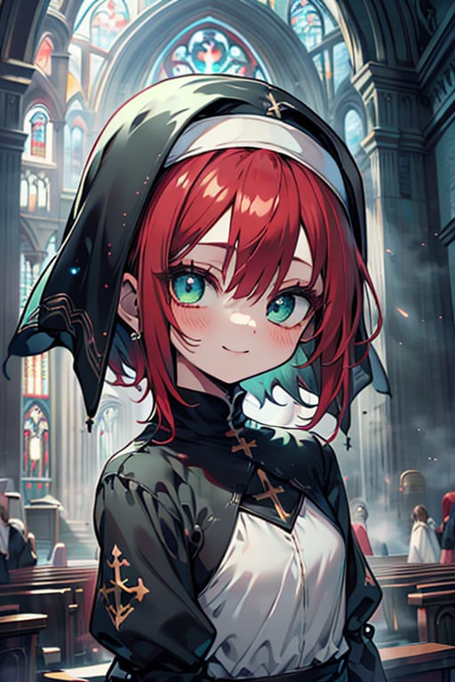 woman of extreme beauty, innocent, nun, loli, small body, green eyes, red hair, short hair, kind, bright smile, perfect face (beautiful finely detailed eyes), masterpiece, very good quality, excellent quality, church.
