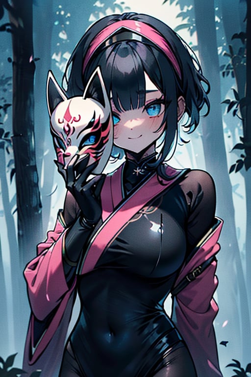 dark blue hair, blue eyes, pink kimono outfit with black edges, friendly face, a black spandex that covers his entire body, headscarf, killer, happy smile, bangs, in the forest at night, masterpiece, detailed, high quality, absurd, the strongest human of all, bringer of the world's hope, short hair, black lycra, black pantyhouse, masterpiece, excellent quality, excellent quality, perfect face, medium breasts,mask on hand, (fox mask, mask on the hand, put on mask)
