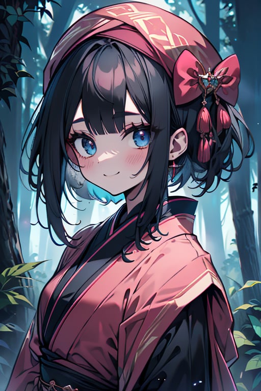 dark blue hair, blue eyes, pink kimono outfit with black edges, friendly face, a black spandex that covers his entire body, headscarf, killer, happy smile, bangs, in the forest at night, masterpiece, detailed, high quality, absurd, the strongest human of all, bringer of the world's hope, short hair, black lycra, masterpiece, excellent quality, excellent quality, perfect face.
