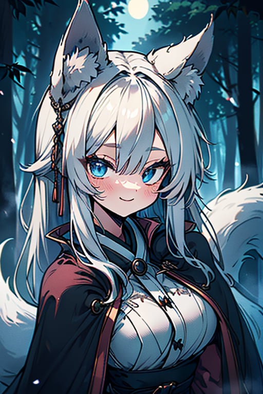 white hair, blue eyes, coat with blue vintage style cape, friendly face, skirt, killer, happy smile, blows, in the forest at night, masterpiece, detailed, high quality, absurd, long hair, black stockings, masterpiece, excellent quality, perfect face, medium breasts, kitsune ears, kitsune tail.

