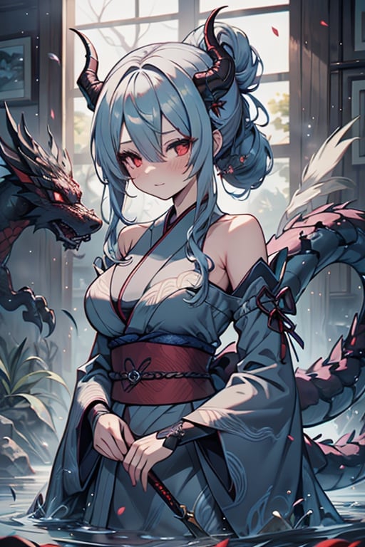 dragon woman, wingless, medium hair, shy face, blue kimono, blue hair, dragon horns, dragon tail, red eyes, dragon horns, medium breasts, beautiful, the sword maiden, tail attached to the body, her power comes from of primordial water, masterpiece, very good quality, excellent quality, perfect face, samurai, mother of the family, master of combat, wise, bangs that cover her eyes,hair up,Japanese house.