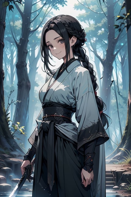 kind woman, black hair, medium hair, hair in braid down to her back, a single braid, dirty clothes, warrior, beast tamer, the killer of gods, black eyes, old clothes, alone, forest, kind smile, innocent, breasts small, tall woman, amazon, samurai, gray kimono jacket ideal for combat, wide pants, happy, friendly, good person, katanas sheathed at her waist, masterpiece, good quality, swords well positioned at her waist, good hands, aquamarine belt, teenager.
