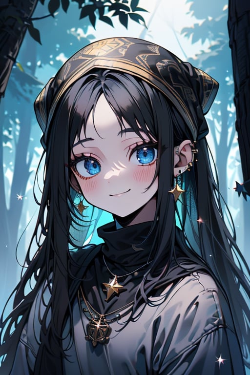 black hair, blue eyes, yellow attush, friendly face, headscarf, little girl, happy smile, bangs, in the forest at night, masterpiece, star earrings, detailed, high quality, absurd , strongest human being of all, bearer of the hope of the world, long hair, necklace of scales,perfect face,8 year old girl.
