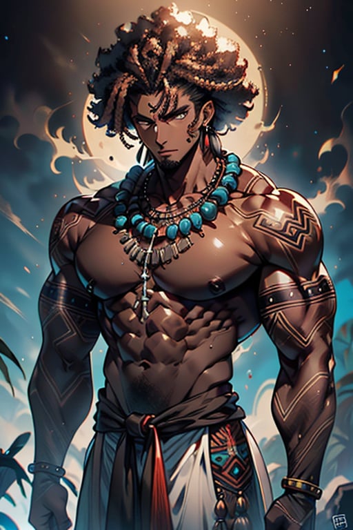 giant, muscular, ugly face, curly hair, black skin, Indian, tribal clothing, Mayan clothing, bone necklace.,dark skin,tan, man, masculine,  thick

