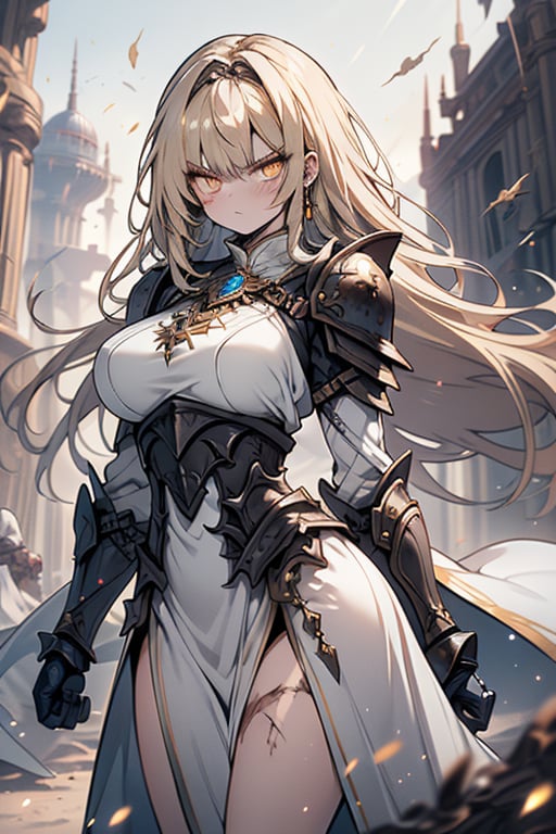 blonde, golden eyes, angry look, long hair, desert knight, hates magic, candys a long elegant white tunic, armor on her hands, legs and arms, gray and white dress, appearance of a warrior, strong woman, scars all over the body, golden eyes, perfect face, very good quality, masterpiece, excellent quality.
