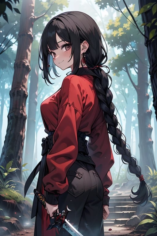 kind woman, black hair, medium hair, hair in a long braid down to the back, dirty clothes, warrior, dual sword wielder, beast tamer, the slayer of gods, black eyes, old clothes, sweatshirt, alone, red armor that covers her breasts, forest, kind smile, innocent, small breasts, tall woman, amazon, samurai.

