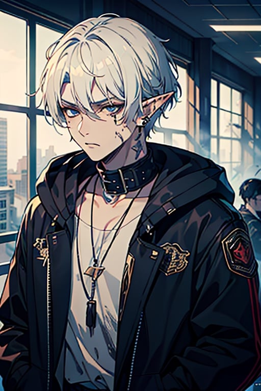 man, white hair, thief clothes, a siscon, arrogant, silly, serious, masterpiece, high quality, 4k, very good resolution,Fade cut for men, blue eyes,Elf's ears,poor,nose piercing, mouth piercing, ear piercing,delinquent, thug,torn black jacket, murderer's clothes, inelegant and dirty clothes.