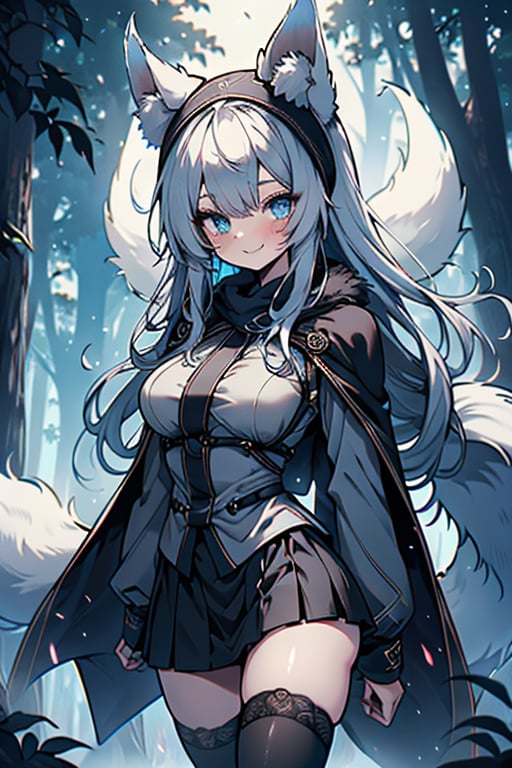 white blue hair, blue eyes, vintage style cape, friendly face, skirt, headscarf, killer, happy smile, blows, in the forest at night, masterpiece, detailed, high quality, absurd, the most human force of all , bearer of the hope of the world, long hair, black stockings, masterpiece, excellent quality, perfect face, medium breasts, kitsune ears, kitsune tail, 

