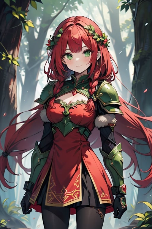 noble woman, princess, red hair, long braid, green armor covering her body, forest, medium chest, warrior, druid, green eyes, red dress, medium combat skirt, good quality, masterpiece, hight,black pantyhose,loved by nature, kind face, noble smile, leader.